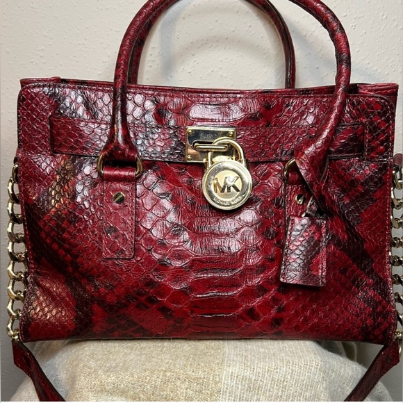 Michael Kors Burgundy Python Leather Hamilton Crossbody Bag - Picture 1 of 15